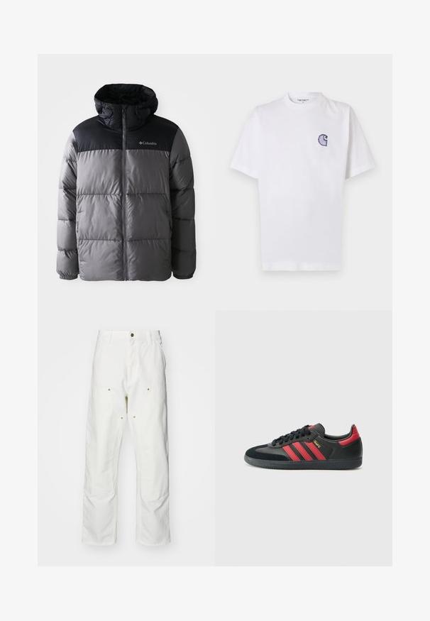 Casaco puffer em cinza e preto com colarinho alto, design acolchoado, fecho de zíper frontal, capuz ajustável e logo da Columbia no peito.; T-shirt branca de algodão com mangas curtas, decote redondo e um pequeno logotipo azul "C" bordado no lado esquerdo do peito.; Calças cargo brancas em algodão com um corte descontraído. As características incluem bolsos frontais, detalhes em metal dourado e áreas de joelhos reforçadas.; Sapatilhas pretas com riscas vermelhas, materiais em camurça e pele, bico arredondado, atacadores planos, sola de borracha texturizada e detalhes em dourado.