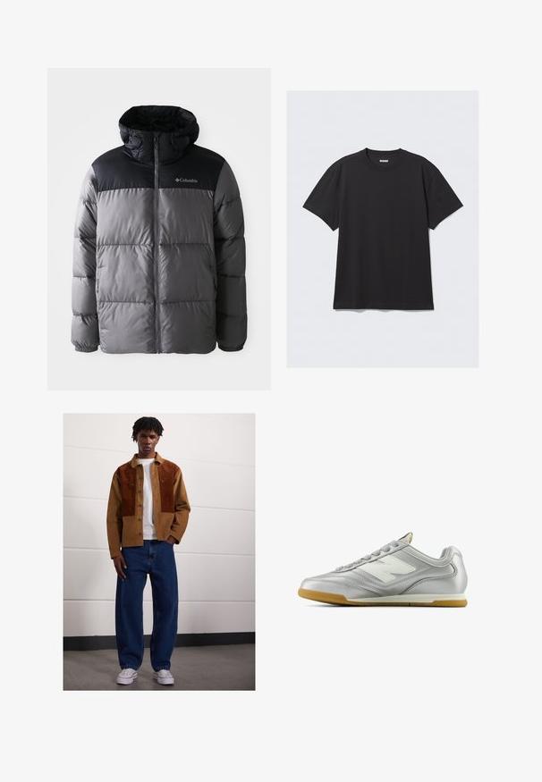 Puffjacka i grått och svart med hög krage, kviltat mönster, dragkedja framtill, justerbar huva och Columbia-logotyp på bröstet.; Svart t-shirt med korta ärmar, tillverkad av bomull. Har en rund halsringning och en avslappnad passform. Enkel design utan mönster eller synliga detaljer.; Man som står inomhus och bär en brun kordflodjacka med rostfärgade fläckar, vit t-shirt, lösa blå jeans och vita sneakers.; Silverfärgad träningssko med en slät, glänsande yta, vitt logotyp på sidan, strukturerade grå snören och en sula av gummigummi.