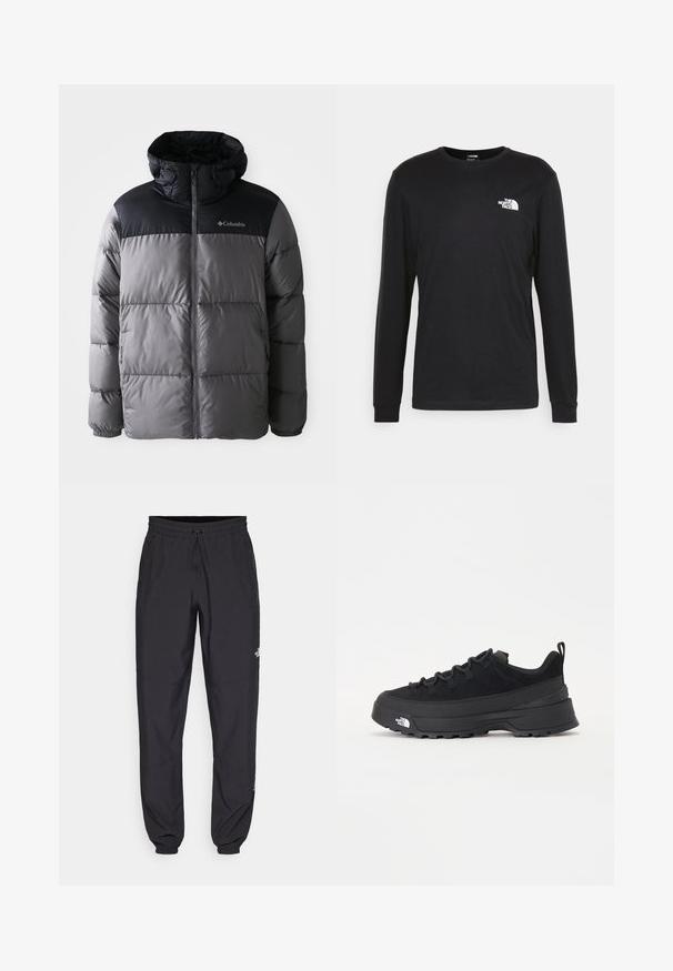 Pufīgais mētelis pelēkā un melnā krāsā ar augstu apkakli, izšūtu dizainu, ar rāvējslēdzēju priekšpusē, regulējamu kapuci un Columbia logo uz krūtīm.; Melnā garenā piedurkņu T-kreklā, kas izgatavots no kokvilnas, kreklā ir balts logo uz kreisā krūšu laukuma un ribotās aproces. Tam ir gluda tekstūra un apaļa izgriezuma forma.; Melni sporta bikses, kas izgatavotas no viegla auduma, ar savelcamu jostu, sānu kabatām un sašaurinātiem apakšējiem galiem pie potītēm.; Melni āra sporta apavi ar zamšādas virsu, teksturētu gumijas zoli un izturīgu auklu sistēmu. Iezīmēts ar pastiprinātu papēdi un zīmola logo sānu daļā.