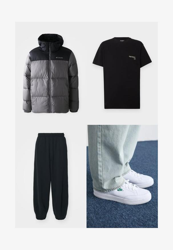 Puffjacka i grått och svart med hög krage, kviltat mönster, dragkedja framtill, justerbar huva och Columbia-logotyp på bröstet.; Svart bomullströja med korta ärmar, rund halsringning och en liten vit logotyp tryckt på vänster bröst.; Svarta, elastiska sweatpants med lös passform, mudd vid anklarna, slät textur och utan synliga mönster eller detaljer i metall.; Vita lädersneakers med grön Nike-logga, rund tå, platt sula, kombinerade med ljusblå denimbyxor, visade på en blå matta.