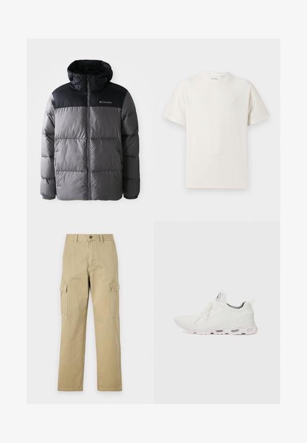 Puffjacka i grått och svart med hög krage, kviltat mönster, dragkedja framtill, justerbar huva och Columbia-logotyp på bröstet.; Vit t-shirt med kort ärm i ribbad struktur. Rund halsringning, löst sittande passform, inga synliga mönster eller detaljer. Enkelt och mångsidigt design.; Beige cargobyxor i bomull, med två sidofickor, knappstängning och raka ben i ett något texturerat tyg.; Vitaidande sportskor i vitt med en texturerad stickad ovandel, platta snören och en vadderad sula med synliga luftkammare för extra stöd.