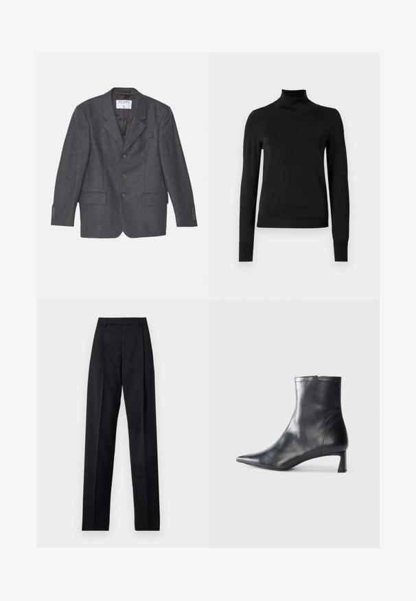 Filippa K TAILORED - Krátky kabát - anthracite; Čierny dlhý rukáv rolák s rebrovanými manžetami a lemom, zobrazený na čistej bielej pozadí.; Čierne nohavice vyrobené z hladkej látky s vysokým pásom, širokými nohavicami, prednými záhybmi a klasickými pútkami na opasok. Žiadne bočné vrecká nie sú viditeľné.; Čierne kožené členkové topánky s špicatou špičkou a elegantným dizajnom. Majú nízky podpätok a zips na zadnej strane. Hladká textúra.