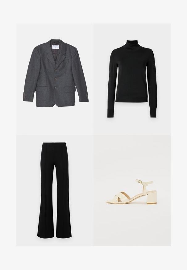 Filippa K TAILORED - Short coat - anthracite; Black long-sleeve turtleneck sweater with ribbed cuffs and hem, displayed on a plain white background.; Black flared pants with a high waist, made of stretchy fabric. Features vertical seam details on the front and a smooth texture.; Beige patent leather heeled sandals with cross strap design, open toe, adjustable ankle strap, and a block heel. Smooth texture.