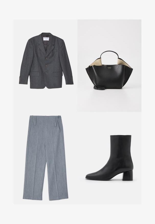 Filippa K TAILORED - Halflange jas - anthracite; Zwarte lange mouw top van zachte stof, met een ronde halslijn en een ontspannen pasvorm met zijsplitten aan de onderkant voor gemak in beweging.; Lichtgrijze, wijde broek van textuurstof, voorzien van twee voorplooien en twee zijzakken. Strak, op maat gemaakt ontwerp.; Zwarte leren enkelboot met een spitse neus en een chunky vierkante hak. Glad oppervlak met een naadloos ontwerp en minimalistische stiksels.; Ree Projects ANN TOTE MINI - Handtas - black