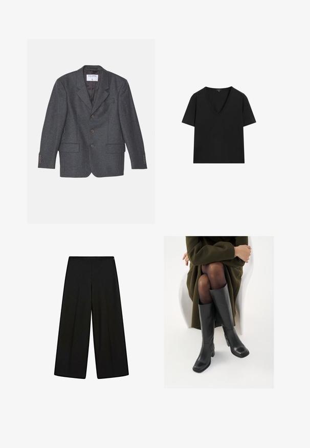Filippa K TAILORED - Short coat - anthracite; Black short-sleeve V-neck T-shirt with a simple, fitted design on a white background.; Black wide-leg trousers made of soft fabric, featuring a high waist and pleats, with a smooth texture and no visible embellishments.; Knee-high black leather boots with a squared toe and block heel, shown with a model seated in an olive green coat. Smooth texture, minimal detailing.