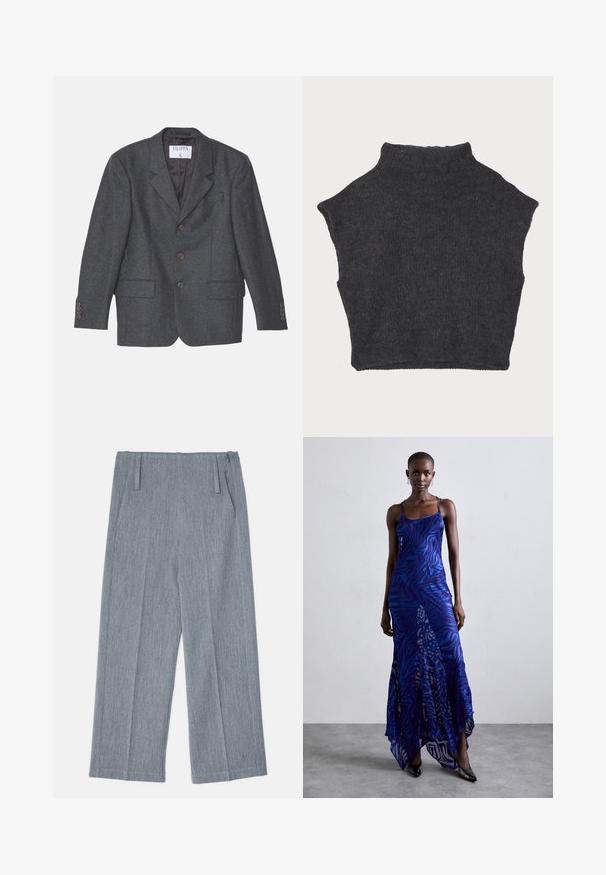 Filippa K TAILORED - Korte frakker - anthracite; Mørkegrå cropped sweater med høj hals, lavet af struktureret strikmateriale og med korte ærmer samt en lige bundkant.; Lys grå, vidde bukser lavet af struktureret stof, med to frontfolder og to sidelommer. Ren, skræddersyet design.; Blå og lilla dyreprint maxi kjole med tynde stropper, en tætsiddende bodice, flagrende kant og gennemsigtig overlay-detaljering.