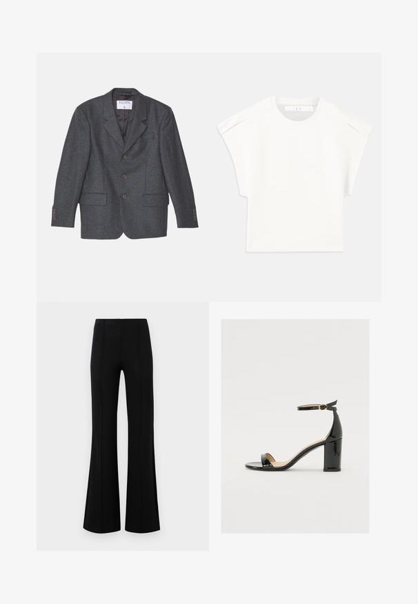 Filippa K - Krótki płaszcz; Biały, prostokątny t-shirt z krótkim rękawem. Wykonany z gładkiego materiału, z okrągłym dekoltem i subtelnymi akcentami na ramionach. Prosty design.; Czarne rozszerzane spodnie z wysokim stanem, wykonane z elastycznego materiału. Posiadają pionowe szwy z przodu oraz gładką teksturę.; Czarne sandały z lakierowanej skóry na szerokim obcasie, z otwartym czubkiem i paskiem na kostce z złotą klamrą. Gładka faktura i elegancki design.