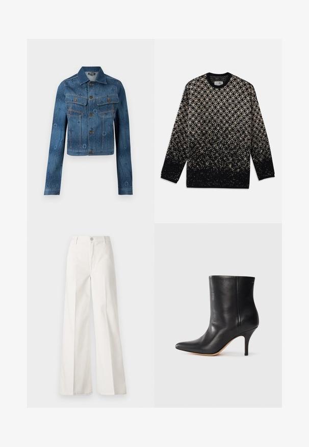 Modrá džínová bunda s kratším střihem, dvěma náprsními kapsami, knoflíkovým zapínáním a jemnými tonálními vzory po celé látce.; Pletený svetr s diamantovým vzorem v béžové a černé barvě, se stupňovitou změnou barev. Kulatý výstřih a dlouhé rukávy. Měkká struktura.; Bílé volné kalhoty vyrobené z bavlny s hladkou texturou. Obsahují přední knoflík, zip a design se čtyřmi kapsami.; Černá kožená kotníková bota s špičatou špičkou, štíhlým jehlovým podpatkem a hladkým povrchem. Minimalistický design bez viditelného hardwaru nebo akcentů.
