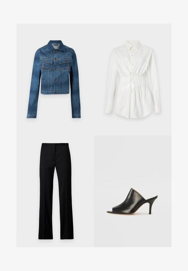 Modra jeans jakna s skrajšanim dizajnom, dvema žepoma na prsih, gumbom spredaj ter subtilnimi toniranimi vzorci po tkanini.; Bela srajca z dolgimi rokavi, prilegajočim pasom in sijočim pasom. Izdelana iz gladkega, lahkega materiala.; Črne hlače ravnega kroja iz gladkega materiala, z ravnim sprednjim delom, z passom za pas in brez vidnih žepov ali okrasnih elementov.; Črne usnjene mule z odprtim prstom, z elegantno, ukrivljeno zasnovo, visokim stiletto peto in gladko teksturo. Notranjost je v kontrastni svetli barvi.