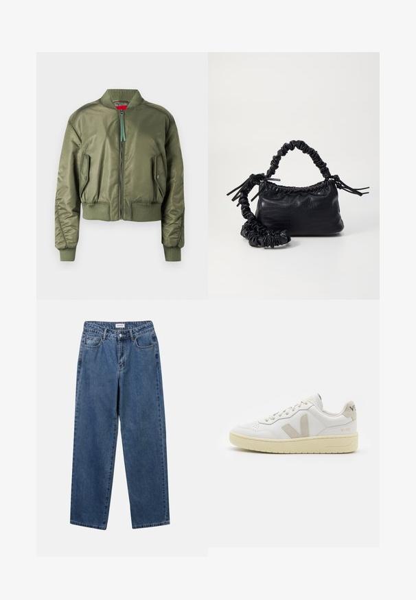Olivgrön bomberjacka med dragkedja fram, ribbade ärmslut och nederkant samt snedställda sidofickor med knappstängning. Slät, glänsande textur.; Vit skjorta med knappar, tillverkad av mjuk bomull, med klassisk krage, långa ärmar och en böjd fåll. Knapparna är små och vita.; Klassiska blå denimjeans med rak benform, fem fickor och knäppning. Har en medelblå tvättning och stadig textur.; Vita lädersneakers med beige mockadetaljer, perforerad tåbox, platta snören och en texturerad krämfärgad sula. Har diskret varumärkning på hälen.; Svart faux läderhandväska med krokodiltextur, snodd topp och en skrämd rem. Ser mjuk och kompakt ut i designen.