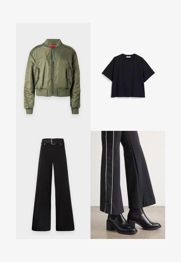 Olive zaļš bumbieru jakas modelis ar rāvējslēdzēju priekšpusi, ribotām aprocēm un malu kabatām ar pogu aizdari. Gluda, spīdīga tekstūra.; Navy zila īsām piedurknēm T-kreklu, izgatavots no mīksta kokvilnas, ar brīvu piegriezumu, apaļu kakla izgriezumu un minimālistisku dizainu. Nav redzamu rakstu vai akcentu.; Melna platā kāju bikses, izgatavotas no kokvilnas, ar augstu jostasvietu, lieliem sānu kabatām un jostu ar sudraba detaļām.; Melnas ādas potīšu zābaki ar blokveida papēdi, aprīkoti ar elastīgām sānu paneļiem. Kombinēti ar melniem biksēm, kuru sānos ir baltas svītras.