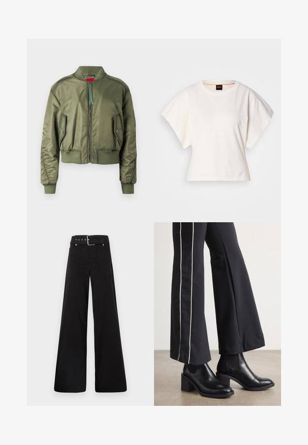 Olive roheline bomber-jakk luku ees, soonikest varrukate ja hemiga ning nurga all asuvad küljetaskud klambriga. Sile ja läikiv tekstuur.; Valge lühikeste laiadte varrukatega lühike T-särk, pehme puuvillane materjal, ümar kaelus kergelt oranži ääristusega, minimaalne disain, ilma mustrite ja graafikateta.; Mustad laiad mustad püksid, mis on valmistatud puuvillast, kõrge vöökoha, suurte küljetaskute ja kumerate rihmadega, kus on hõbedased detailid.; Mustad nahast pahklu_bootid, millel on ploki konts ja elastsed külgpaneelid. Kombineeritud mustade pükstega, millel on valge küljeriba.