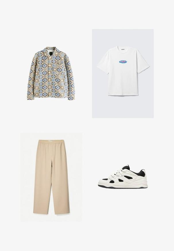 Jachetă matlasată cu o culoare de bază bej, având un design cu motive albastre și maro. Dispune de un guler și închideri cu butoane vizibile.; Tricou alb din bumbac cu un croi supradimensionat, având un design grafic colorat în nuanțe de roz și albastru pe partea din față. Gât rotund, mâneci scurte.; Pantaloni bej cu croi larg, cu un brêu elastic, confecționați dintr-un material moale, având o textură netedă și detalii de cusătură minime.; Adidași albi și negri cu o talpă texturată, având desene decupate pe laterale și șireturi, și un călcâi căptușit pentru susținere.