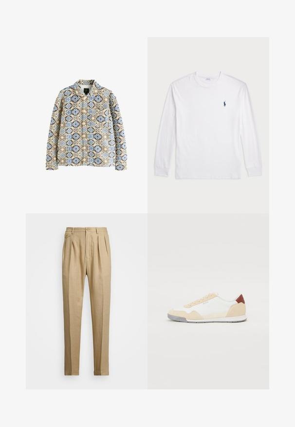 Gepatchte Jacke mit beigem Grund, die ein blau- und braun gemustertes Design aufweist. Sie hat einen Kragen und sichtbare Knopfverschlüsse.; Weißes Langarm-T-Shirt aus Baumwolle. Mit Rundhalsausschnitt, gerippten Bündchen und kleinem, dunkelblauem Polo-Logo auf der linken Brust.; Beige Leinenhose mit geradem Schnitt, ausgestattet mit zwei vorderen Falten, einem Knopfverschluss und seitlichen Taschen. Strukturierter Stoff mit glatter Oberfläche.; Sneaker mit einem weißen Mesh-Obermaterial, beigen Wildleder-Akzenten und einem roten Leder-Fersendetail. Gummisohle mit strukturierten Mustern für besseren Halt.