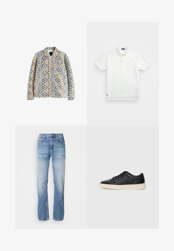Prešívaná bunda s béžovým základom, ktorá má modro-hnedý vzor. Má golier a viditeľné zapínanie na gombíky.; Biela polo tričko vyrobené z bavlny, s klasickým golierom, trojbuttonovou légou a vreckom na ľavej hrudi; malé logo na spodnom leme.; Svetlomodré džíny z denimu so strihom rovného nohavice, bledým vzhľadom, piatimi vreckami a zapínaním na gombík. Klasický dizajn a stredná hrúbka.; Čierne nízkoprevádzkové kožené tenisky s čiernymi šnúrkami a krémovou podrážkou zobrazené v bočnom profile na bielom pozadí.