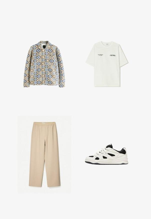 Giacca trapuntata con base beige, caratterizzata da un design a motivo blu e marrone. Presenta un colletto e chiusure a bottone visibili.; T-shirt bianco in cotone con maniche corte. La parte anteriore presenta testo nero: "NON DOMANI NON OGGI" e "L'ARTE DEL MUOVERE LA POLVERE" in corsivo verde.; Pantaloni a gamba larga beige con vita elastica, realizzati in tessuto morbido, caratterizzati da una texture liscia e dettagli di cucitura minimi.; Scarpe da ginnastica bianche e nere con suola testurizzata, caratterizzate da intagli sui lati e lacci, e una schiena imbottita per il supporto.