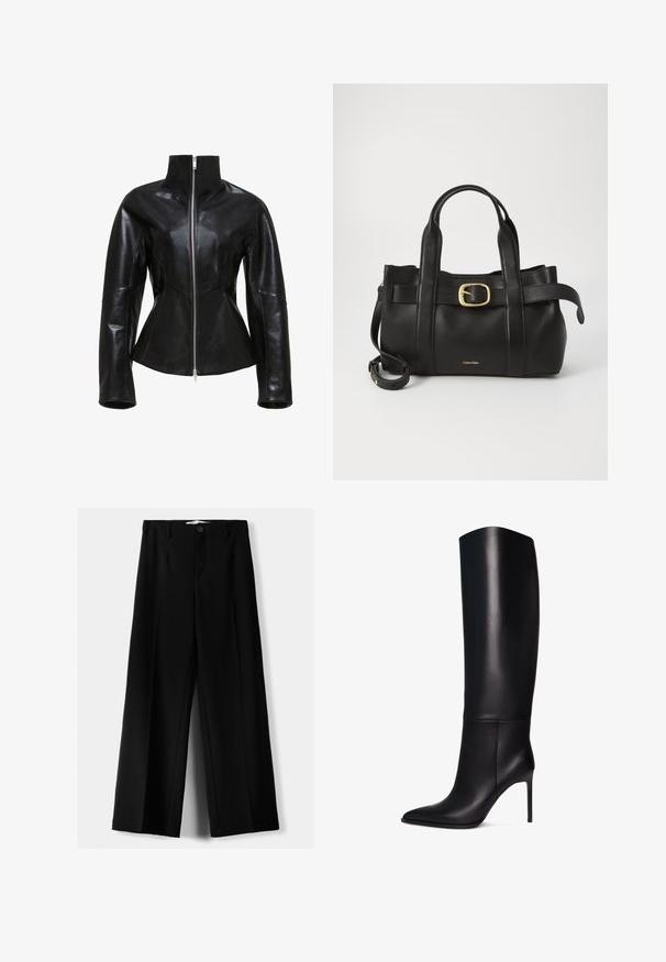 Svart läderjacka med hög krage, dragkedjestängning och figursydd design. Har eleganta, panelerade sömmar och en slät, glänsande yta.; Ärmlös ljusgrön topp gjord av slät tyg, med hög urringning och en figurnära silhuett. Inga synliga detaljer eller mönster.; Svarta vida byxor i lätt material, med knappstängning fram och platt front, samt väl sydda fållar.; Knähöga svarta läderstövlett med spetsig tå. Slät yta, strukturerad design och en smal hög klack. Inga synliga beslag eller mönster.; Svart läderhandväska med en strukturerad design, dubbla topphandtag, detaljer i guldton med spänne och präglad logotyp framtill.