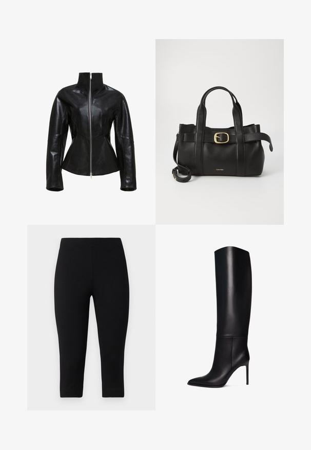 Fekete bőrdzseki magas gallérral, cipzárral és testhezálló fazonnal. Csíkos varrásokkal és sima, fényes textúrával rendelkezik.; Ujjatlan, világoszöld top, sima anyagból készült, magas nyakkal és testhez simuló szabással. Nincsenek látható fémrészek vagy minták.; Fekete capri leggings, rugalmas anyagból, szoros fitneszú dizájnnal és sima textúrával, kiemelkedő minták vagy díszítések nélkül.; Térdizó fekete bőr stiletto csizma hegyes orral. Sima felület, strukturált dizájn és vékony magas sarkú. Nincs látható fémrész vagy minta.; Fekete bőr kézitáska, amely strukturált kialakítással rendelkezik, dupla felső fogantyúval, arany tónusú csattal és a márka dombornyomott logójával az elején.