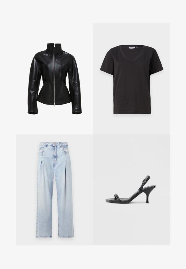 Jachetă din piele neagră cu guler înalt, închidere prin fermoar și design ajustat. Prezintă cusături elegante, panificate și o textură netedă, lucioasă.; Tricou negru din bumbac cu decolteu în V și mâneci scurte. Design simplu, cu o croială normală și fără modele sau accente.; Jeans din denim albastru deschis cu talie înaltă, croială evazată, două buzunare laterale și un design pliat. Textură moale cu un finisaj decolorat.; Sandale cu toc înalt din piele neagră, cu un toc subțire și curbat și un design cu curea încrucișată. Curea la gleznă ajustabilă. Textură netedă.