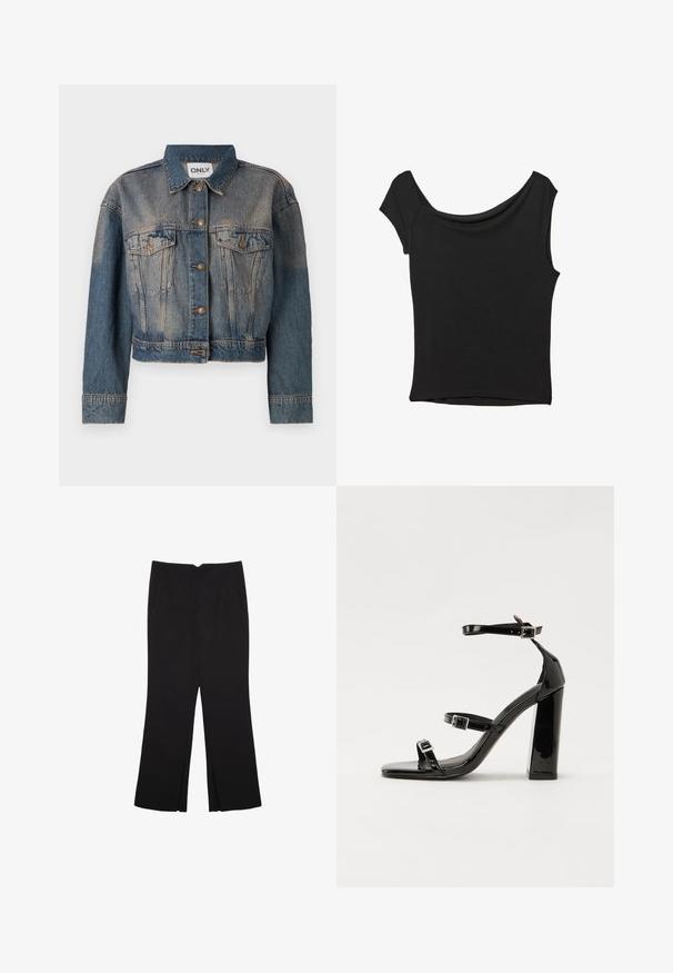 Sininen farkkutakki, jossa on lyhyt malli, kahdella rintataskulla, metallinapeilla ja klassisella kauluksella. Haalistunut pinta kauttaaltaan.; Musta lyhythihainen paita, joka on valmistettu sileästä kankaasta; siinä on laskeutuva kaula-aukko ja epäsymmetrinen helma, sekä istuva malli.; Mustat housut suoralinjaisella leikkauksella, joissa on etutaskut ja sivurei'ät helman alla. Valmistettu pehmeästä ja sileästä kankaasta. Sopii eri tilaisuuksiin.; Musta kiiltävä korkokenkä sandaalit neliönmuotoisella varpaalla, nilkkaremmillä ja hopeisilla soljilla. Varustettu tukevalla lohkokorkealla vakauden takaamiseksi.