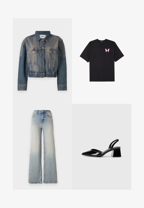 Chaqueta de mezclilla azul con un diseño recortado, que presenta dos bolsillos en el pecho, botones de metal y un clásico cuello de camisa. Textura desvanecida en toda la prenda.; Camiseta de algodón negra de manga corta, con un pequeño gráfico de mariposa rosa en el lado izquierdo del pecho. Diseño de cuello redondo con un corte relajado.; Jeans de mezclilla de tiro alto y pierna ancha en color azul claro, con cinco bolsillos y costuras visibles a lo largo de las costuras.; Zapatos de tacón slingback de charol negro con punta afilada y tacón geométrico en bloque. Presentan un diseño elegante y minimalista, así como una textura suave.
