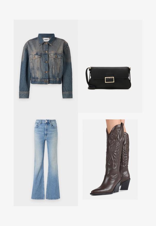 Modrá denimová bunda s krátkym strihom, obsahujúca dve náprsné vrecká, kovové gombíky a klasický golier. Po celej ploche s vyblednutou textúrou.; Biela bezrukávová tielko vyrobené z rebrovanej látky, s okrúhlym výstrihom a priliehavým strihom, s minimálnymi švami a bez ozdôb.; Svetlomodré rozšírené džínsy vyrobené z denimu, s vysokým pásom, päťpokladňovým dizajnom a jemným gradientným vyblednutím smerom k spodnému okraju.; Hnedé kožené kovbojské topánky s špicatou špičkou a blokovým podrážkou, so zložitým prešívaním a vyvýšenými akcentmi na puzdre.; Čierna kožená clutch taška s klopou a zlatým kovovým detailom s prackou. Obsahuje čierny remienok a elegantný, minimalistický dizajn.