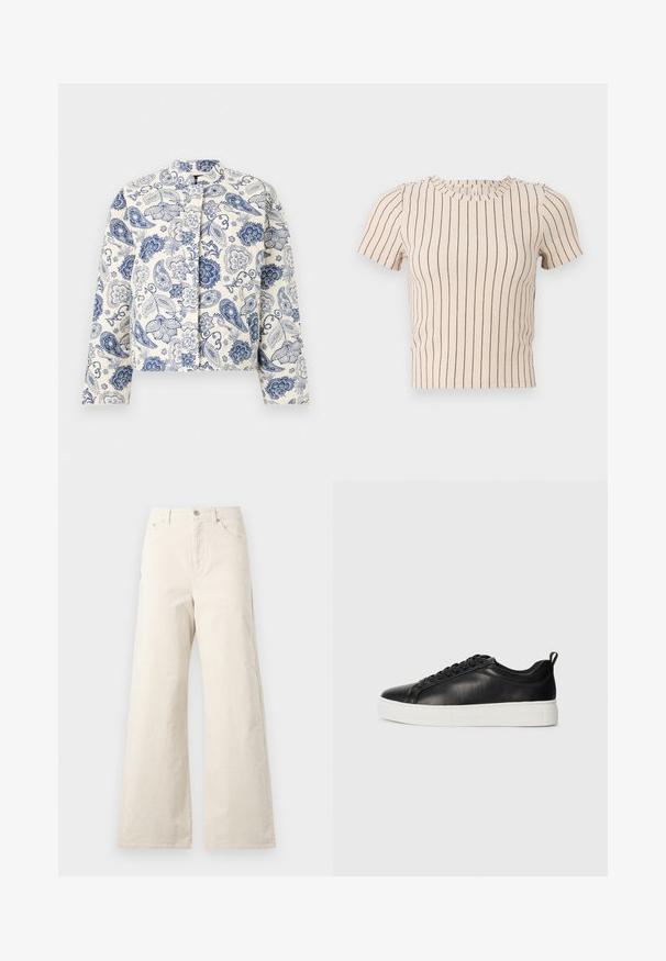 Kuttet jakke i kremfarge med blå paisley- og blomster mønstre. Har krage og knappeløs front. Lange ermer med mønstrede mansjetter.; Beige kortermet topp med horisontale marineblå striper. Har rund halslinning og ribbet tekstur, som gir en tettsittende silhuett.; Beige vidde bukser laget av bomull, med frontknapping, sidelommer og en jevn tekstur. Minimalistisk design uten mønstre.; Svart lavt skinnsneaker med svarte lisser og tykk hvit gummisåle, sett fra utsiden på en hvit bakgrunn.