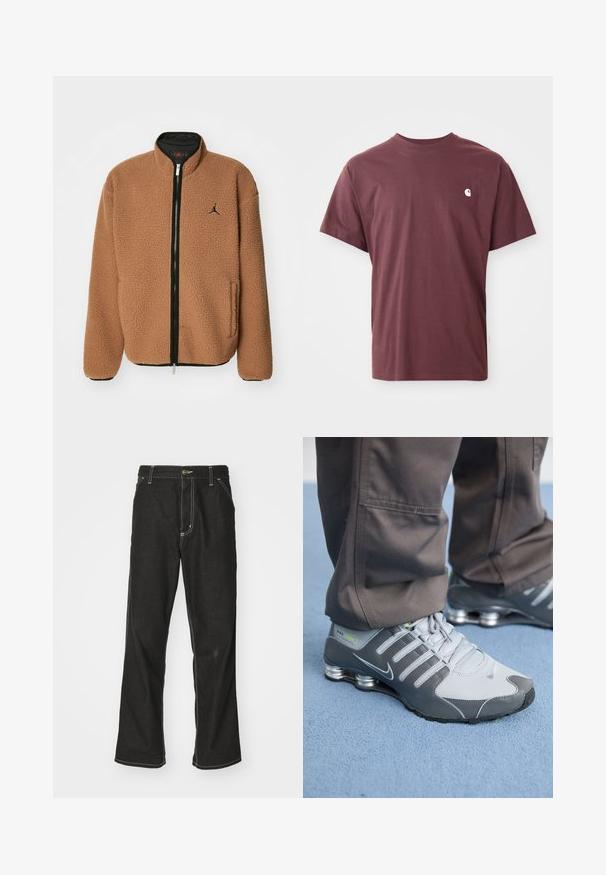 Jordan FLIGHT - Polárdzseki - archaeo brown/black; Burgundy színű pamut póló rövid ujjal, kerek nyakkivágással és egy kis fehér logóval a bal mellen. Sima textúra, laza szabás.; Fekete farmernadrág laza szabással, kontrasztos fehér varrással, gombos záródással és egyenes lábmegoldással.; Szürke és ezüst Nike Shox sportcipők elegáns dizájnnal rendelkeznek, hálós és szintetikus anyagokból készültek, lekerekített orral és párnázott gallérral.
