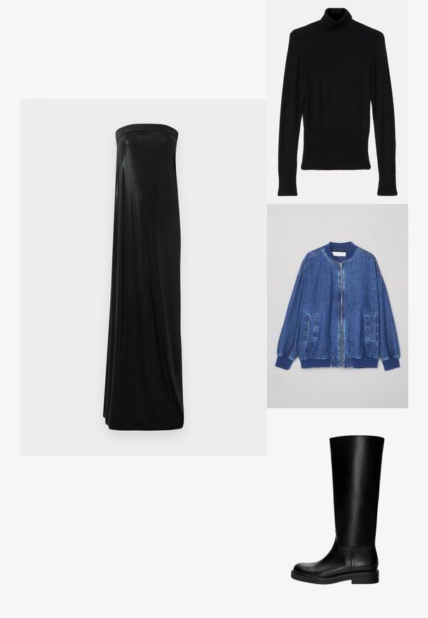 Denim bomber jakna u tamnoplavoj boji s prednim patentnim zatvaračem, rebrastim manžetama, dva bočna džepa i glatkom teksturom s kontrastnim šavovima.; AERON TENDER LONG SLEEVED - Vesta - black; Crna maksi haljina bez naramenica izrađena od glatkog, sjajnog materijala. Ima uski korzet i lepršavi siluetu, doseže do poda bez ukrasa.; Crne kožne čizme do koljena s glatkom teksturom, zaobljenim vrhom, suptilnim dizajnom i niskim blok petama. Nema vidljivih dijelova od hardvera ili uzoraka.; Crna kožna torba s zakrivljenim dizajnom, koja sadrži srebrne zakovice, kopču i dva bočna džepa. Podesiva traka za različite opcije nošenja.