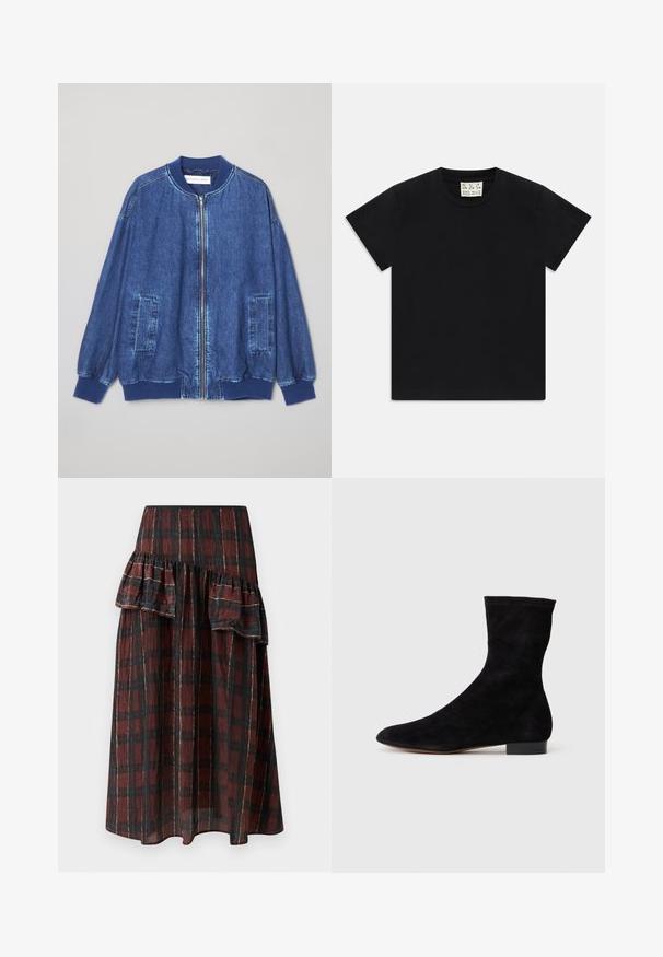 Τζάκετ σε μπλε τζην στυλ με φερμουάρ μπροστά, ριμπ μανσέτες, δύο πλευρικές τσέπες και λεία υφή με αντίθετο ραφτό.; Μαύρο κοντομάνικο μπλουζάκι με στρογγυλή λαιμόκοψη, με λευκή ετικέτα μέσα στον γιακά που αναγράφει "D.R.C. EST. 2002" σε άσπρο φόντο.; Μάξι φούστα σε σκούρο κόκκινο και μαύρο καρό σχέδιο, με στρώσεις ριχών φουσκωτών κωδικών στη μέση, φτιαγμένη από ελαφρύ ύφασμα με μαλακή υφή.; Μαύρη σουέντ ankle boot με εφαρμοστό άξονα, μυτερή μύτη και χαμηλό τετράγωνο τακούνι. Λείο υλικό και μινιμαλιστικός σχεδιασμός, κατάλληλη για πολυάριθμους συνδυασμούς.