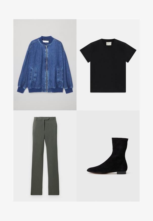 Denimová bomber bunda v tmavě modré barvě s předním zipem, vroubkovanými manžetami, dvěma bočními kapsami a hladkou texturou s kontrastním prošíváním.; Černé tričko s krátkým rukávem a kulatým výstřihem s bílou cedulkou uvnitř límce s nápisem "D.R.C. EST. 2002" na bílém pozadí.; Tmavě šedé kalhoty s jemným proužkem, střižené na míru, s poutky na opasek a rovnou nohavicí, položené na bílé pozadí.; Černá nubuková kotníková bota s úzkým svrškem, špičatou špičkou a nízkým blokovým podpatkem. Hladká textura a minimalistický design, vhodné pro všestranné styling.