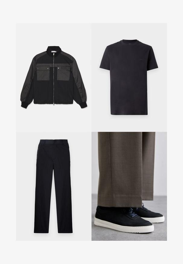 Casaco bomber preto e cinza com fecho éclair na frente, dois bolsos no peito, gola e punhos canelados, e uma mistura de tecidos lisos e texturizados.; Camiseta de algodão preta com gola redonda, mangas curtas e detalhe de logotipo em relevo no peito. Textura suave, ajuste descontraído.; Calças pretas com um tecido leve e texturizado, design de pernas retas, cintura elástica e bolsos laterais com fecho.; Sapatilhas de camurça pretas com solas de borracha brancas, apresentando um bico arredondado e atacadores, usadas com calças cinzas ajustadas.
