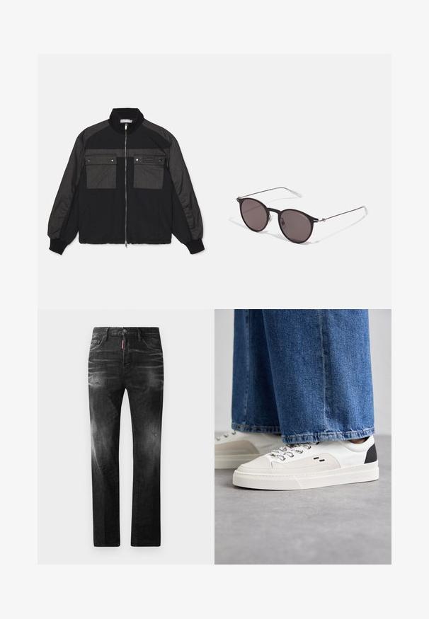Črna in siva bomberska jakna z zadrgo na sprednji strani, dvema prsnikoma, rebrastim ovratnikom in manšetami ter mešanico gladkega in teksturiranega blaga.; Črna bombažna majica s krožnim izrezom, kratkimi rokavi in logotipom "EMPORIO ARMANI" v beli barvi nad napisom "Milano" v ukrivljenem oblikovanju.; Črne jeans hlače s ravnim krojem. Imajo zbledela mesta, manjše obrabe, klasičen petnajstni žepni dizajn in gumbasto zapiranje.; Bela in črna športna obuvala z gladkim usnjenim zgornjim delom, teksturiranimi detajli in masivnim belim podplatom. Imajo klasičen dizajn z vezalkami.; Črne okrogla sončna očala s temnimi lečami in tankimi kovinskimi ročaji. Vključujejo prosojne konec ročajev in srebrne poudarke na tečaju. Minimalističen dizajn.