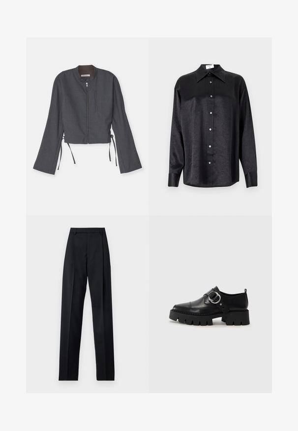 Hall kaelusega lühike särgid, esi tõmblukuga ja pikad kellukesed. Omab külgtukke ja sileda tekstuuriga kangast.; Musta pikemate varrukatega särk, millel on krae ja kortsus tekstuur, täispikk nööpidega eesmine osa ja varrukate mansetid. Valmistatud siledast kangast.; Mustad püksid siledast kangast, millel on kõrge vöökoht, laiad jalad, esimesed kortsud ja klassikalised vööloopid. Küljepockets pole nähtavad.; Mustad musta naha jalanõud, millel on jäme ribaga tallad, ringikujuline hõbedane detail ja minimaalne õmblusdetail.