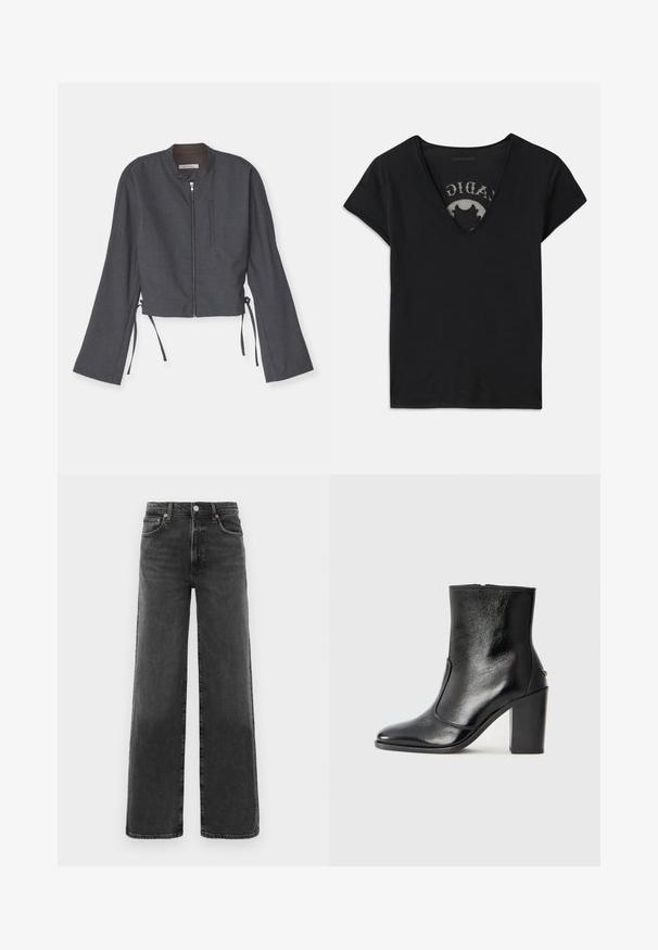 Šedá zkrácená bunda s vysokým límcem, předním zipem a dlouhými zvonovými rukávy. Obsahuje boční tkanice a elegantní texturovanou látku.; Černé tričko s krátkým rukávem a hlubokým výstřihem do V, s jemnou síťovinou a potištěným designem na vnitřní straně. Měkká, prodyšná látka.; Černé džíny s vysokým pasem a rovnými nohavicemi, s předním knoflíkem a zipem, dvěma předními kapsami a dvěma zadními kapsami.; Černé kožené kotníkové boty s hladkou texturou, špičatou špičkou a robustním vysokým podpatkem. Mají boční otvor a minimalistický design.