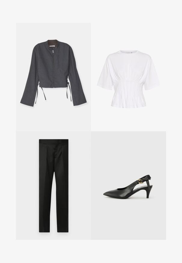 Gray cropped jacket with a high collar, front zipper, and long bell sleeves. Features side ties and a sleek textured fabric.; White short-sleeve top made of soft fabric, featuring a round neckline and gathered detailing at the waist for a fitted look.; Black trousers featuring a smooth fabric, tailored design, straight legs, and a flat waistband with no visible closures or pockets.; Black leather slingback pump with a pointed toe, small heel, and a buckle detail on the ankle strap. Smooth texture, minimalist design.