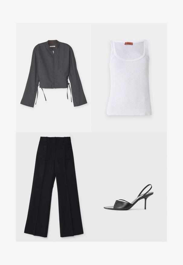 Giacca grigia cropped con colletto alto, zip frontale e maniche lunghe a campana. Presenta lacci laterali e un tessuto lucido e strutturato.; Canotta bianca a coste con scollatura rotonda, caratterizzata da una texture sottile e un'etichetta in pelle vicino alla spalla.; Pantaloni neri a gamba larga realizzati in un tessuto liscio, con vita alta, due tasche posteriori e pieghe frontali sottili per una maggiore forma.; Tacchi slingback in pelle nera con punta affusolata, sottile cinturino alla caviglia e tacco a spillo. Presenta un dettaglio annodato sulla tomaia.