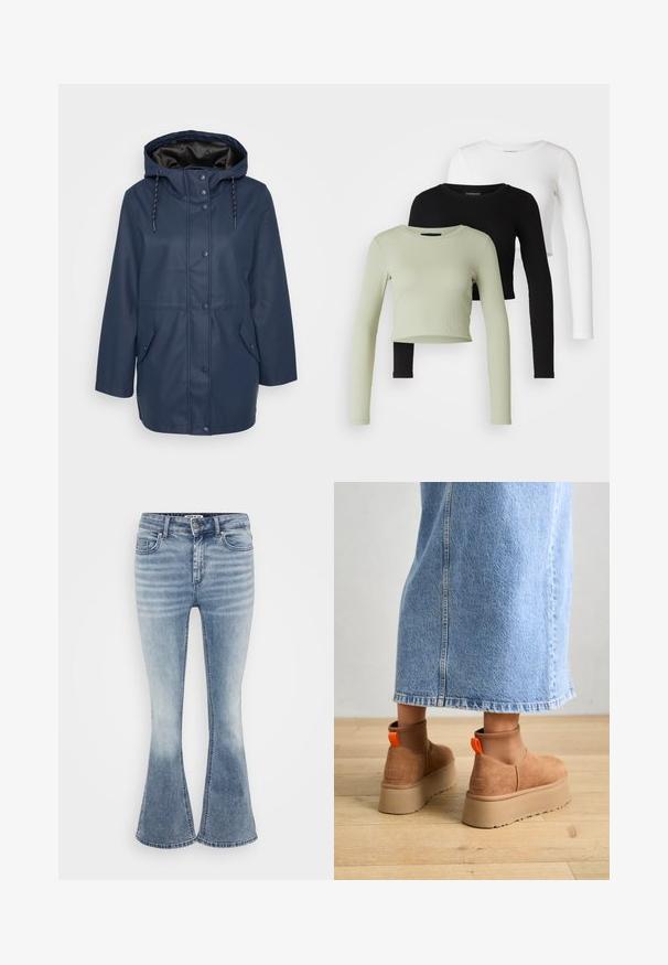 Tengerészkék kapucnis esőkabát szemöldök gombokkal, állítható húzózsinórokkal és két elülső fedélzsebbel.; Even&Odd Petite 3 PACK - Hosszú ujjú felső - black/white/light green; Világoskék, trapéz farmerek, amelyek denim anyagból készültek, klasszikus öt zsebes kialakítással, elöl cipzáros záródással és finom elhalványulással a combokon.; Barna velúr platform csizmák elasztikus oldalsó panelekkel és narancssárga húzófülekkel, amelyek egy térdközépig érő világoskék farmer szoknyával vannak párosítva egy fás padlón.