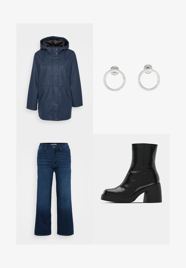 Granatowa bluza przeciwdeszczowa z kapturem, z zatrzaskami, regulowanymi sznurkami i dwiema przednimi kieszeniami z klapkami.; Even&Odd Petite - Top; ONLY Petite ONLMADISON WIDE ciemnoniebieski; Czarne botki za kostkę o błyszczącej wykończeniu, kwadratowym czubku i grubym słupkowym obcasie. Projekt charakteryzuje się bezszwową sylwetką i minimalną marką.; Srebrne metalowe kolczyki w kształcie obręczy z matową teksturą, z okrągłym wzorem i przezroczystym zapięciem typu post, zapewniającym bezpieczne noszenie.
