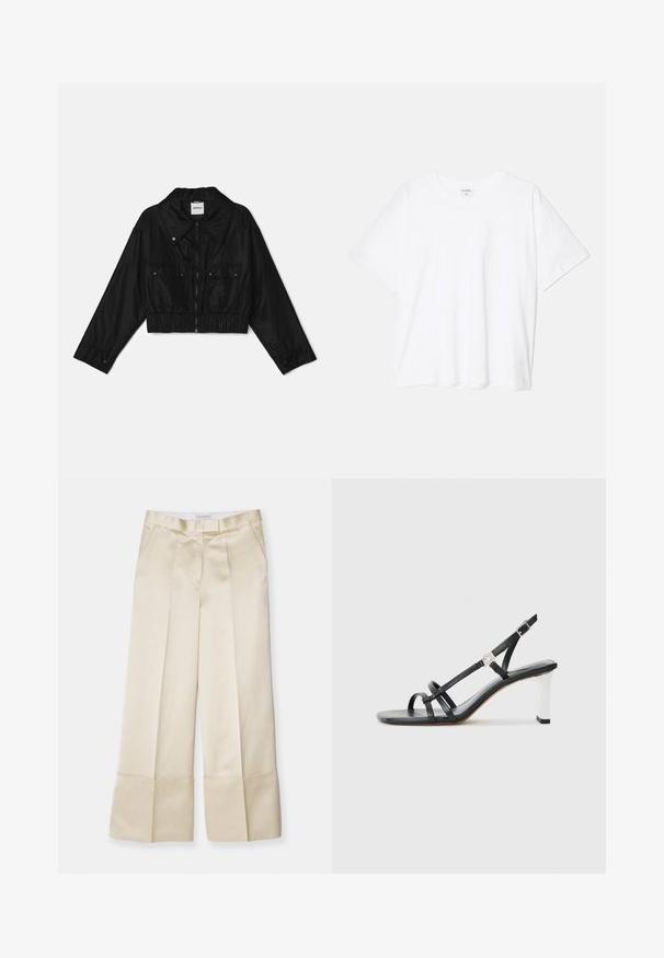 Czarna krótka kurtka z gładkiego materiału; posiada kołnierz, zamek z przodu, dwie kieszenie na piersi oraz elastyczny dół i mankiety.; Biała bawełniana koszulka z krótkim rękawem, okrągłym dekoltem, luźnym krojem i przeszytym brzegiem. Metka widoczna wewnątrz dekoltu.; Beżowe spodnie szerokie w gładkim materiale z wysokim stanem, plisowanym przodem i zawiniętym dołem, z kieszeniami bocznymi i czystym wykończeniem.; Czarne sandały na obcasie z wieloma wąskimi paskami, z elastycznym zapięciem na pięcie i srebrnym akcentem na obcasie. Gładki materiał wierzchni i kwadratowy obcas.