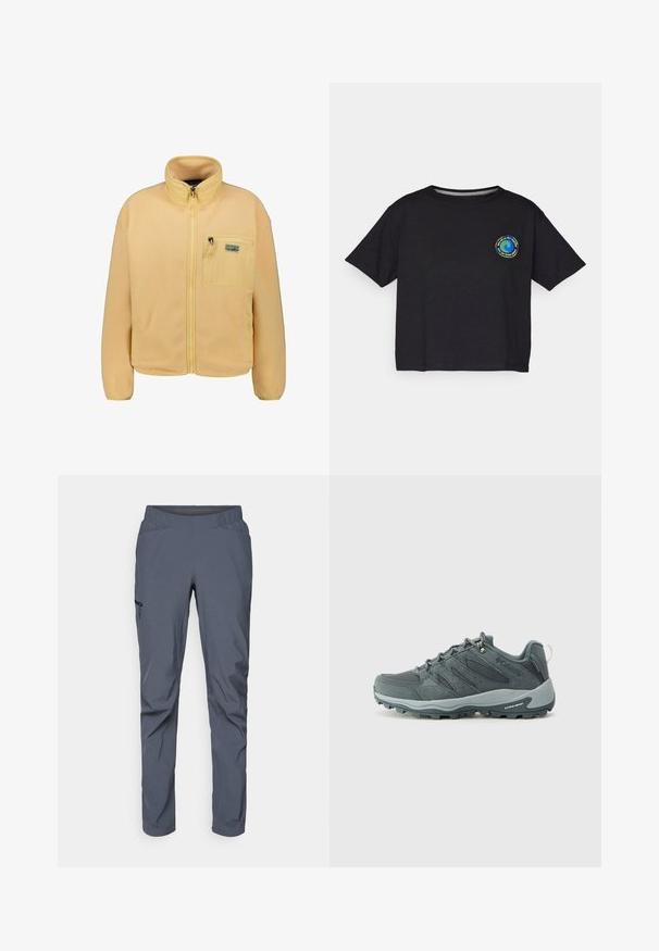 Patagonia Giacca in pile - honig; T-shirt nera in cotone a maniche corte con un logo circolare multicolore sul petto. Orlo dritto e vestibilità comoda.; Pantaloni da performance grigi con cintura elasticizzata, due tasche frontali e una tasca laterale con zip. Texture liscia e vestibilità affusolata.; Scarpe da trekking di colore grigio scuro con tomaia in rete e suède, design con lacci, suola imbottita e suola robusta con motivo antiscivolo.