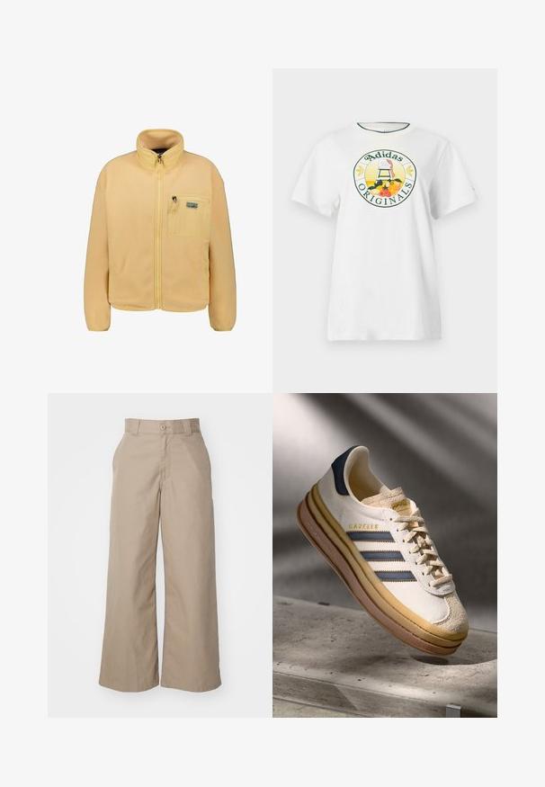Patagonia SYNCH - Fleece jacket - honig; White cotton t-shirt with short sleeves, featuring a round graphic logo in green and yellow, displaying "Adidas Originals" and fruit designs.; Beige wide-leg trousers made from cotton blend fabric, featuring a high waist, structured design, and front pockets.; Adidas Gazelle sneaker featuring a cream suede upper, blue leather accents, three blue stripes, beige midsole, and brown rubber outsole.