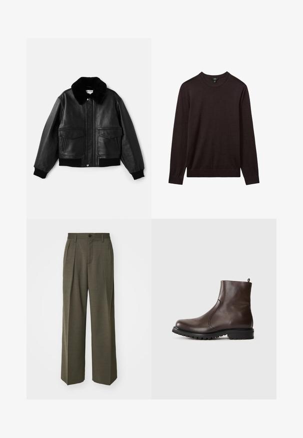 Filippa K AVIATOR JACKET - Chaquetas bomber - black; Reiss Jersey de punto - dark bordeaux; Filippa K WIDE TROUSERS - Pantalones - driftwood; Botín de cuero marrón hasta el tobillo con una textura suave, paneles laterales elásticos, tirador en la parte trasera y una suela de goma resistente.