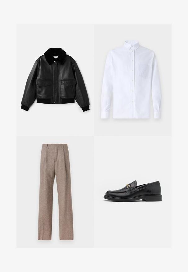 Filippa K AVIATOR JACKET - Μπουφάν τύπου bomber - black; Λευκό πουκάμισο με μακρύ μανίκι, φτιαγμένο από βαμβάκι, με τσέπη στο στήθος με τονικό κέντημα, γιακά και κουμπιά στους μανικέτες.; Καφέ παντελόνι με ψηλή μέση από υφαντό ύφασμα. Διαθέτει φαρδιές καβάτζες και δύο μανίκια μπροστά για δομή. Καθαρή φινίρισμα χωρίς ορατό εξοπλισμό.; Μαύρες δερμάτινες loafers με στρογγυλή μύτη, διακοσμημένες με χρυσά αξεσουάρ και λεπτομέρειες ραφής, τοποθετημένες σε χαμηλή, υφασμάτινη ελαστική σόλα.