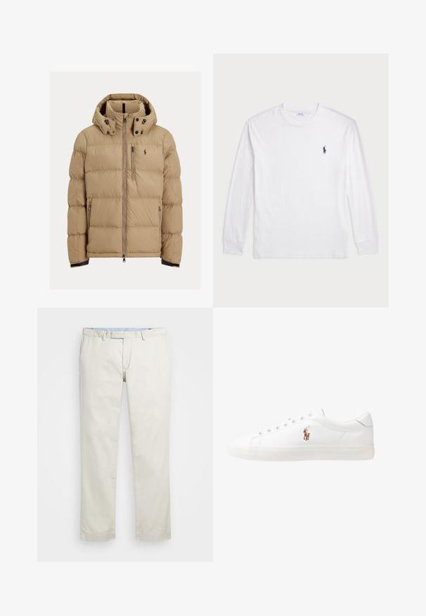 Beżowa kurtka puchowa z kapturem, z zamkiem błyskawicznym z przodu i dwiema bocznymi kieszeniami. Pikowana konstrukcja z czarnymi akcentami i małym logo na klatce piersiowej.; Biały t-shirt z długim rękawem wykonany z bawełny. Posiada okrągły dekolt, ściągacze przy mankietach oraz małe granatowe logo polo na lewej piersi.; Beżowe bawełniane chinosy z płaskim przodem, szlufkami na pasek i bocznymi kieszeniami. Prosty krój z gładką fakturą i lekkim, przewiewnym uczuciem.; Białe skórzane sneakersy, niskoprofilowy design, charakteryzujące się gładką fakturą, okrągłym noskiem, sznurowanym przodem i małym haftowanym logo z boku.
