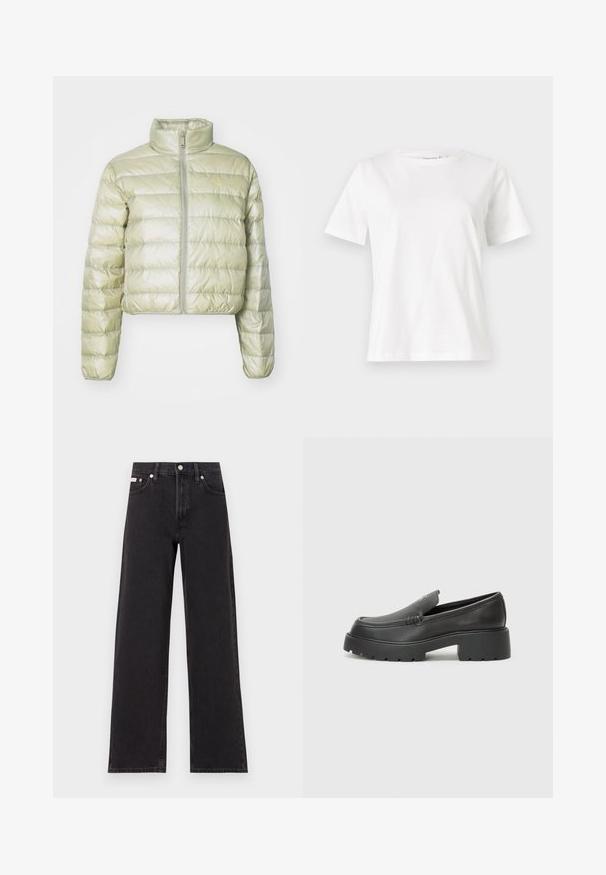 Cropped, light green puffer jacket made of shiny material. Features a high collar, zip front, and horizontal quilted pattern.; White cotton t-shirt with short sleeves, round neckline, and a relaxed fit. Smooth texture, no patterns or accents, minimalistic design.; Black wide-leg jeans made of denim, featuring a high-rise waist, five-pocket styling, and a metal button closure with contrasting stitching.; Black leather loafers with a rounded toe, thick textured sole, and minimal stitching details. Sleek design with no visible laces or hardware.
