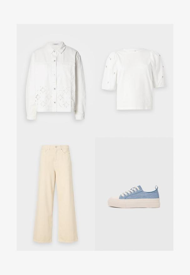 Casaco de ganga branco com fecho à frente por botões, dois bolsos no peito e bordados em forma de flores ao longo da bainha inferior.; T-shirt branca de algodão com mangas puff curtas, apresentando pequenos embellissements prateados ao longo das mangas. Decote redondo clássico, corte descontraído.; Jeans de perna larga bege feitos de algodão. Apresentam um fecho de botão, passadores para cinto e bolsos frontais com uma textura lisa e suave.; Ténis de lona azul claro com uma biqueira e sola de borracha creme, apresentando atacadores brancos e uma alça na parte de trás.