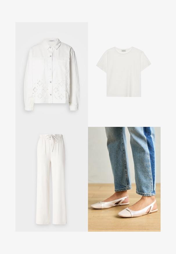 Hvit denimjakke med knapplukking foran, to brystlommer og blomsterbroderi med utskjæringer langs nederkanten.; Hvit T-skjorte med kort erm laget av myk bomull. Har rund hals og avslappet passform. Rent design uten synlige mønstre eller aksenter.; Hvite vide bukser laget av myk stoff, med snor i livet og jevn tekstur. Ingen mønstre eller dekorasjoner synlige.; Lys rosa slingback leiligheter med spiss tå, laget av et glatt, læraktig materiale. Har utskjæringer på sidene og lav hæl.