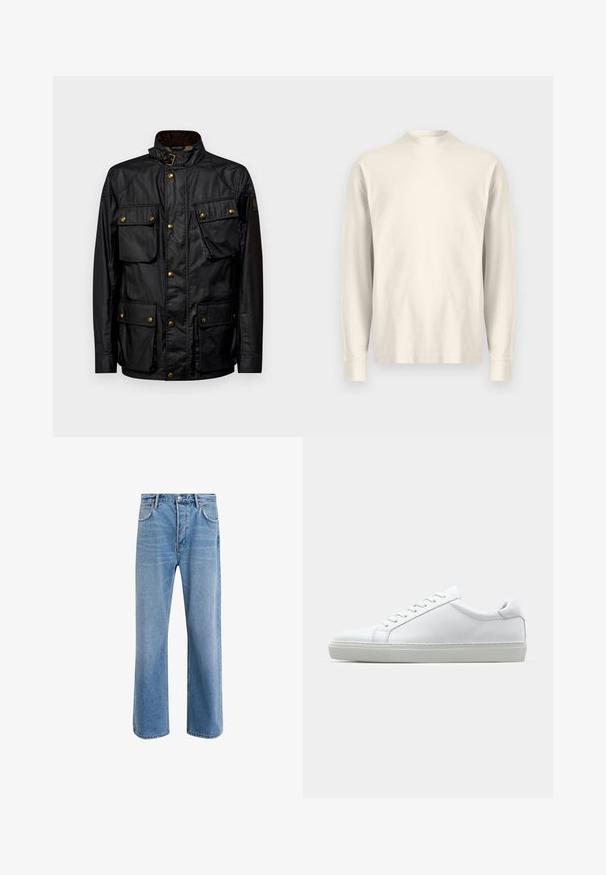 Svart vaxad bomullsjacka med hög krage, fyra framfickor och detaljer i guldton. Har en strukturerad yta och knappstängning.; Långärmad tröja med hög krage i ljus gräddfärgad bomull. Slät struktur, avslappnad passform, minimalistisk design, utan synliga mönster eller detaljer.; Ljust blå denimjeans med rak passform, fem fickor, knappstängning, minimal blekning och kontrasterande sömdetaljer.; Vit sneaker med en slät läderövre och låg profil. Har en rundad tå, sex snörhål och en strukturerad gummisula.