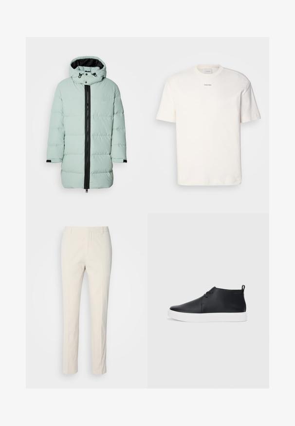 Mentazöld puffernadrág fekete cipzárral, textúrált anyagból, levehető kapucnival és rugalmas mandzsettákkal. Elülső részén logó folttal rendelkezik.; Fehér pamut póló, kerek nyakkal, rövid ujjakkal és hímezett "Calvin Klein" logóval a mellkas közepén. Egyszerű design.; Krém színű, testhezálló nadrág, texturált anyagból. Egyenes szárú kialakítással, övhurkokkal és két elülső zsebből áll. Mintázat nélküli.; Fekete bőr magas szárú sneakers, sima felülettel, fehér gumi talppal és egyszerű, fűzős dizájnnal. Hátul húzófül található.
